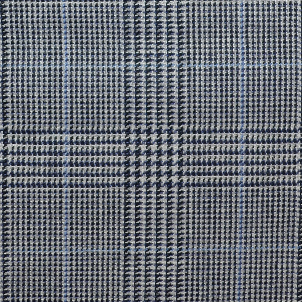 Grey and Navy Blue with Light Blue Prince of Wales Check Wool & Linen