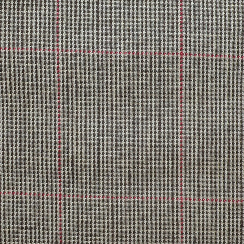 Brown and Dark Brown Pick and Pick with Red Window Pane Check Wool & Linen