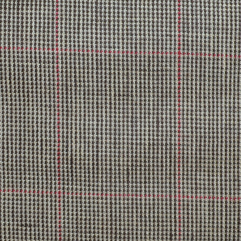Brown and Dark Brown Pick and Pick with Red Window Pane Check Wool & Linen