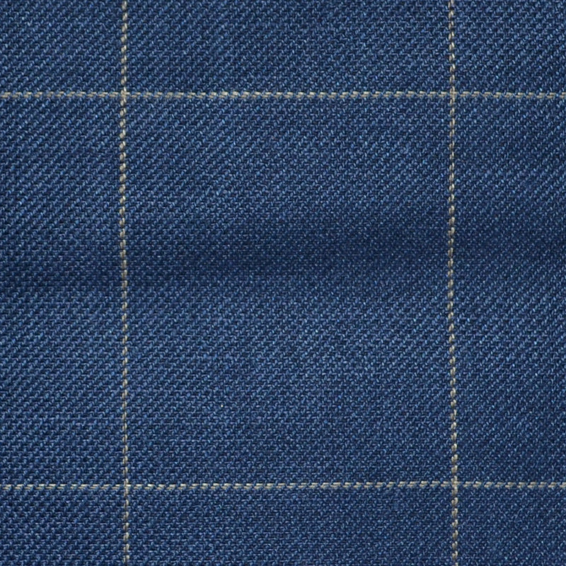 Bright Navy Blue and Dark Navy Blue Pick and Pick with Tan Window Pane Check Wool & Linen