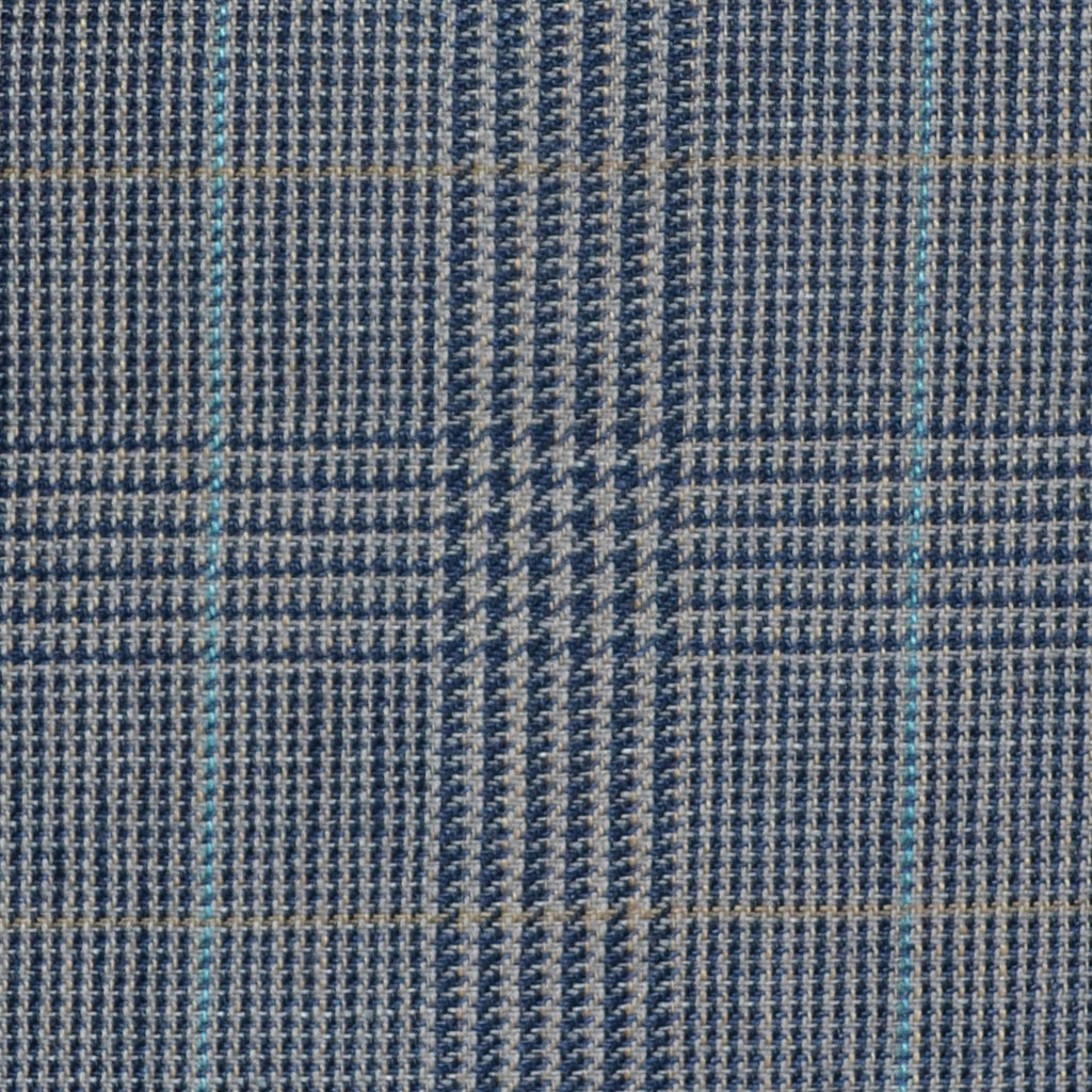 Light Brown and Navy Blue with Light Blue and Tan Prince of Wales Check Wool & Linen