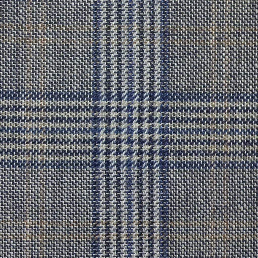 Denim Blue and Navy Blue with Tan Plaid Check Wool & Linen