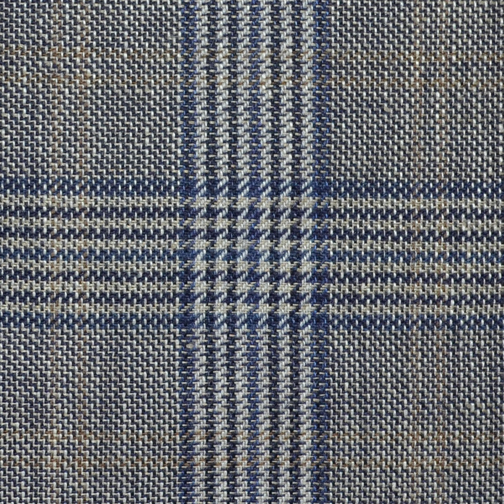 Denim Blue and Navy Blue with Tan Plaid Check Wool & Linen
