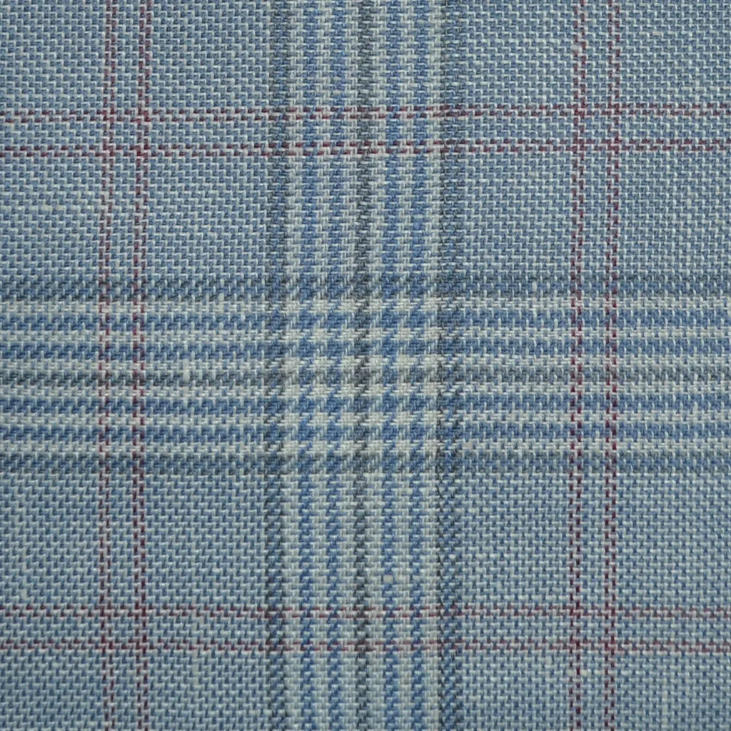 Light Blue and Grey with Red Plaid Check Wool & Linen