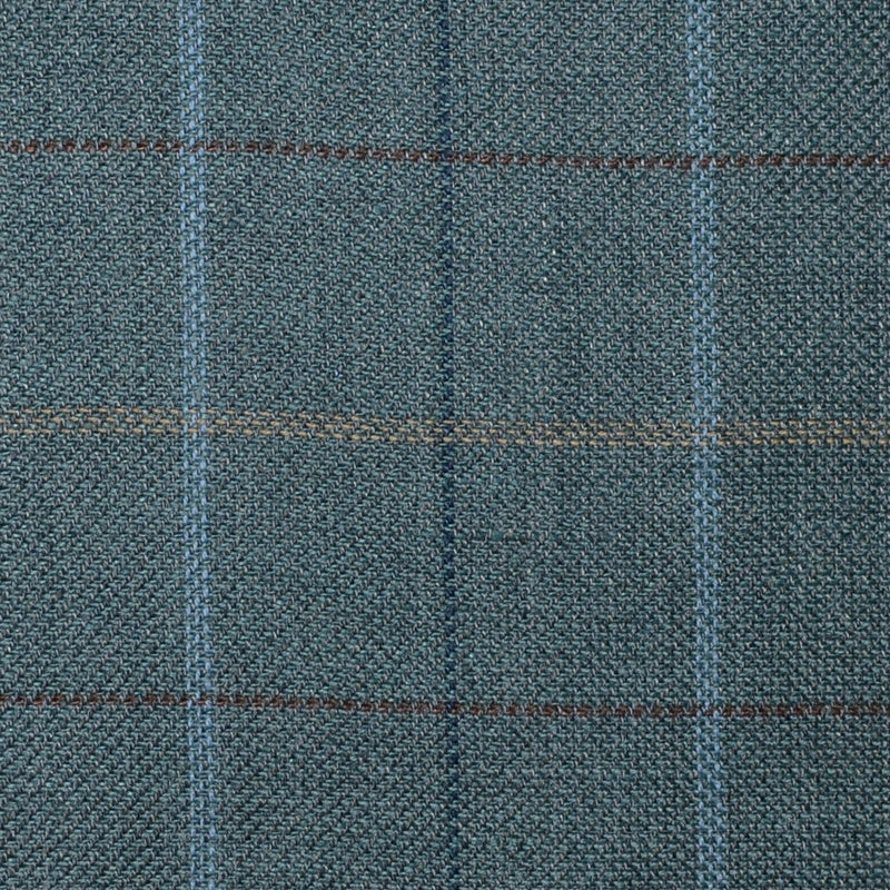 Green with Light Blue, Brown, Tan and Navy Blue Multi Check Wool & Linen