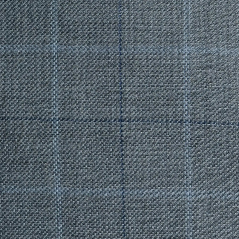 Grey with Light Blue and Navy Blue Multi Check Wool & Linen