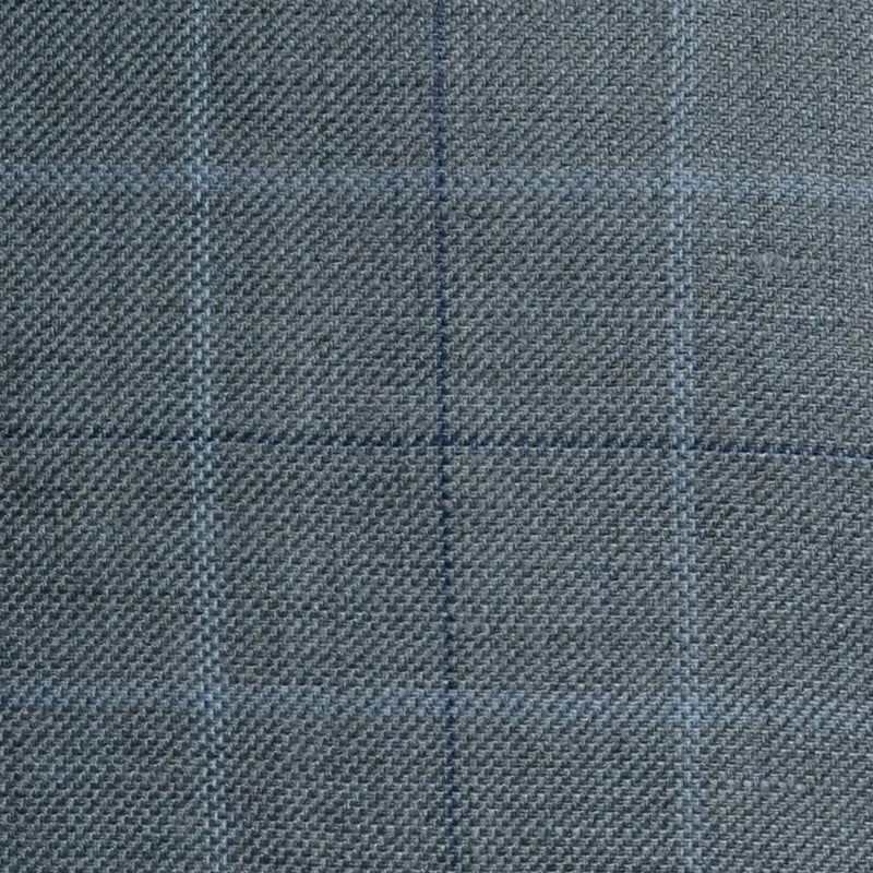 Grey with Light Blue and Navy Blue Multi Check Wool & Linen