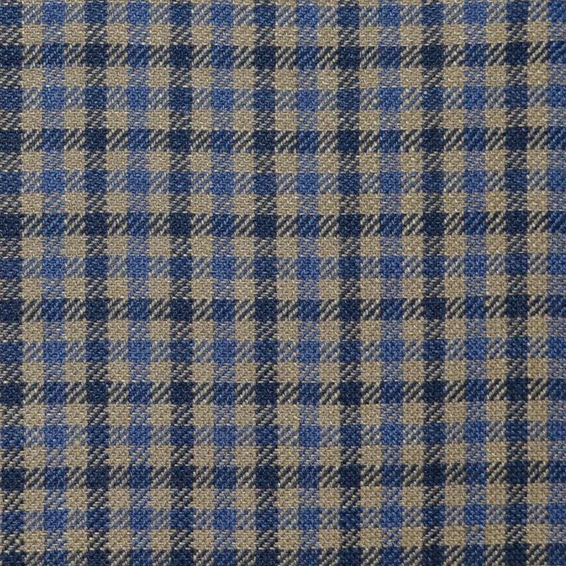 Light Brown, Royal Blue and Navy Blue Small Box Check Wool & Linen