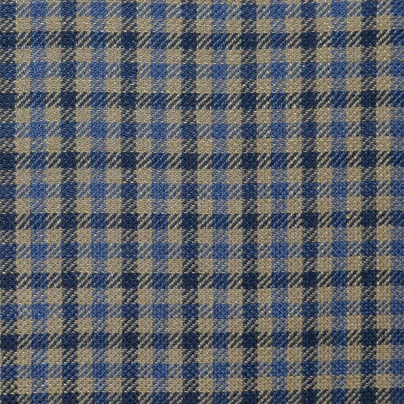 Light Brown, Royal Blue and Navy Blue Small Box Check Wool & Linen