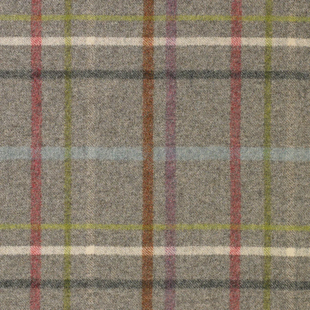 Light Grey with Dark Grey, Purple, Orange, Cream and Green Plaid Check Coating