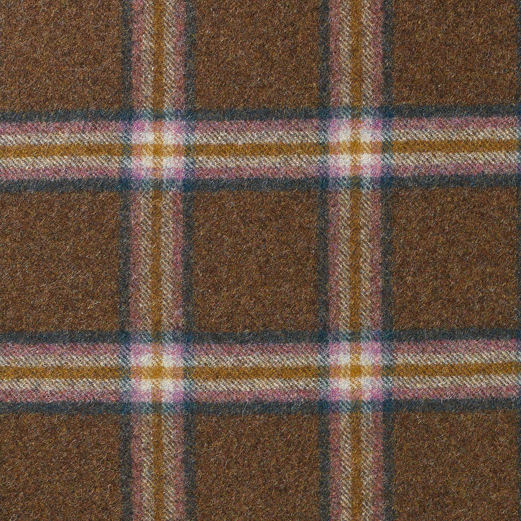 Brown with Teal Blue, Beige and Pink Plaid Check Coating