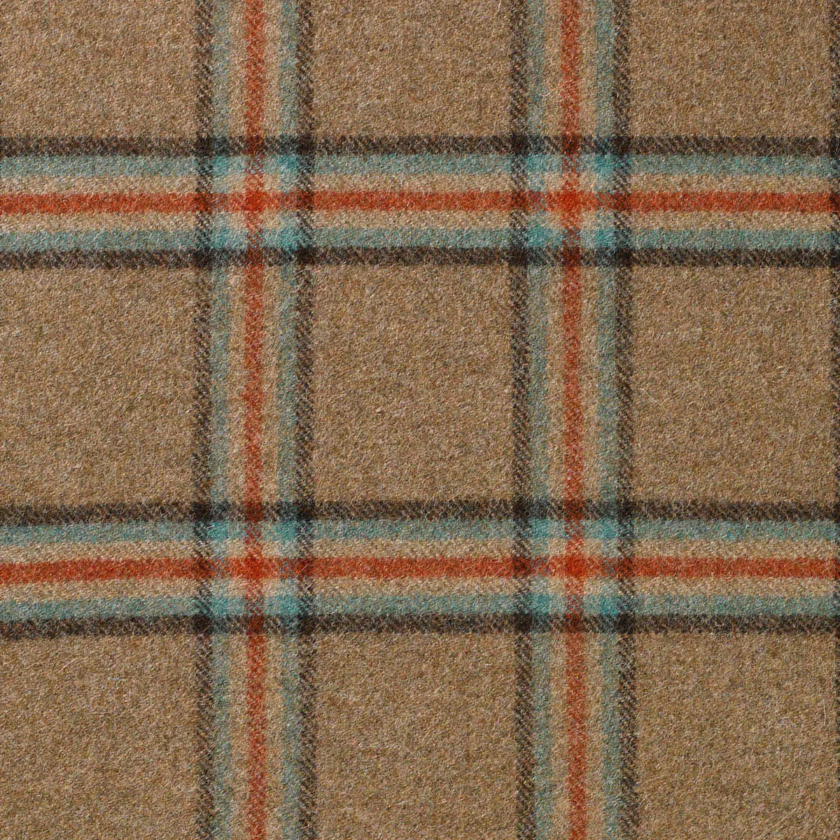 Light Brown with Dark Brown, Aqua Blue and Orange Plaid Check Coating
