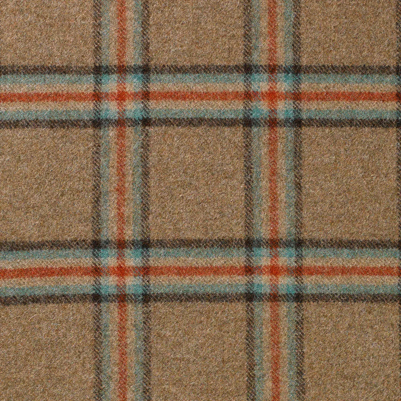 Light Brown with Dark Brown, Aqua Blue and Orange Plaid Check Coating