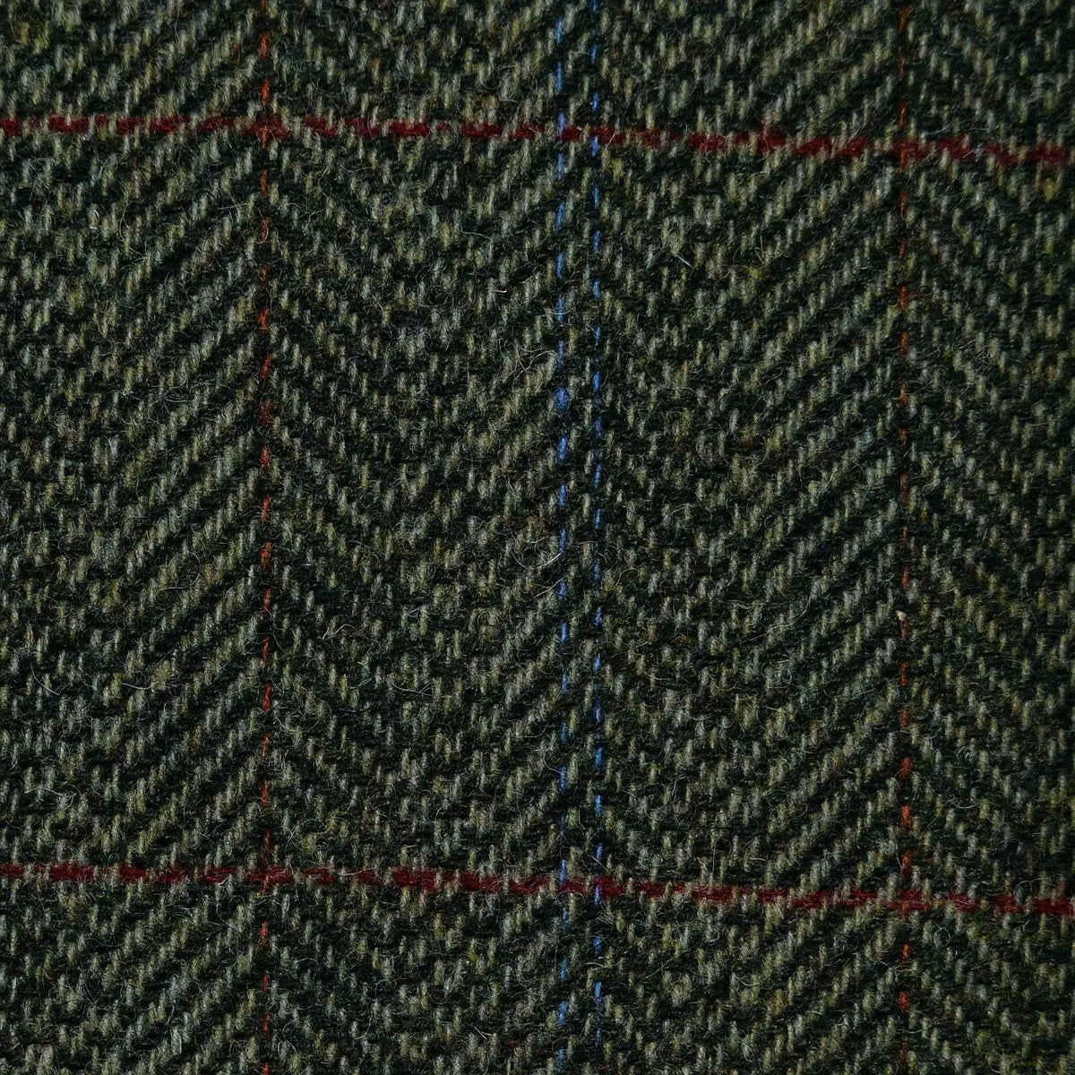 Green Herringbone with Orange, Red & Blue Check Tweed