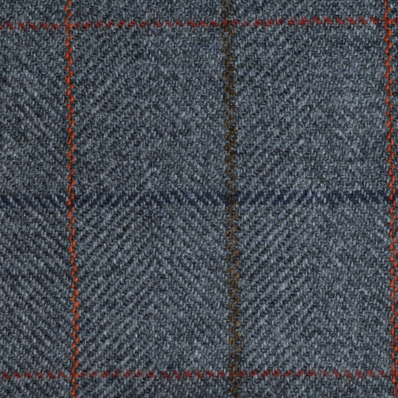 Grey Herringbone with Blue, Brown, Orange and Red Check Tweed