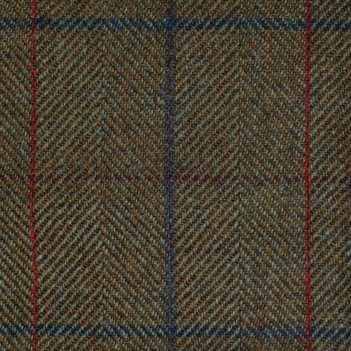 Moss Green Herringbone with Green, Brown and Red Check Tweed