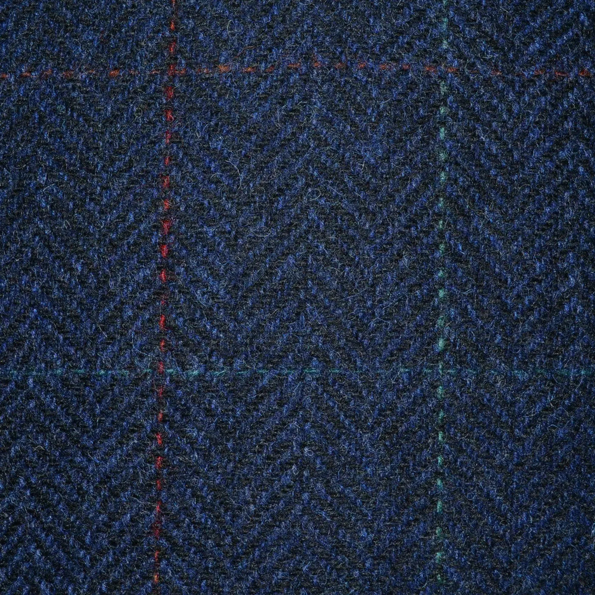 Navy Blue Herringbone with Red, Orange and Green Check Tweed