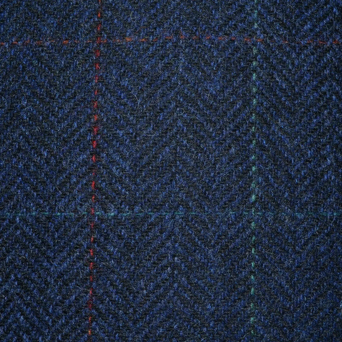 Navy Blue Herringbone with Red, Orange and Green Check Tweed