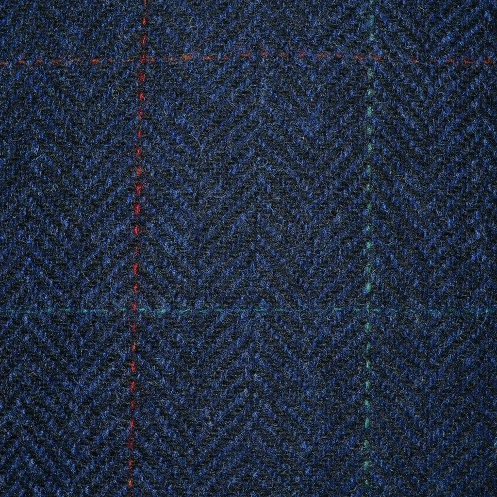 Navy Blue Herringbone with Red, Orange and Green Check Tweed