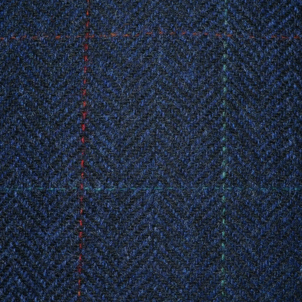 Navy Blue Herringbone with Red, Orange and Green Check Tweed