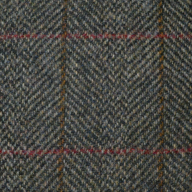 Moss Green Herringbone with Red and Tan Check Tweed