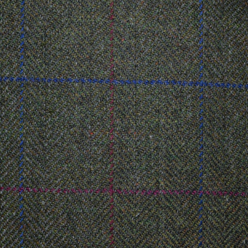Moss Green with Burgundy and Navy Blue Check Tweed
