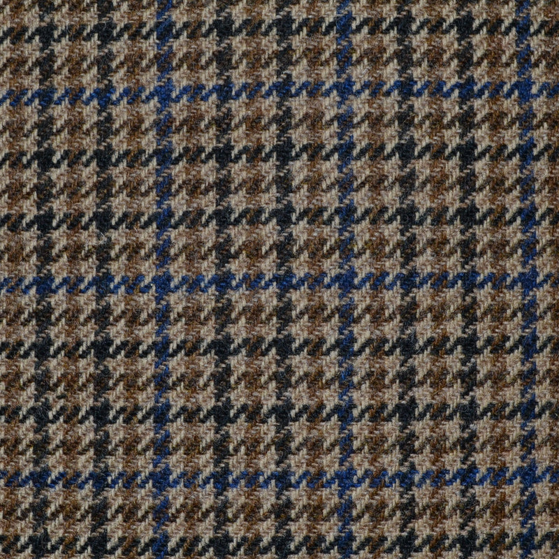 Beige and Tan with Blue and Navy Blue Dogtooth Check Tweed