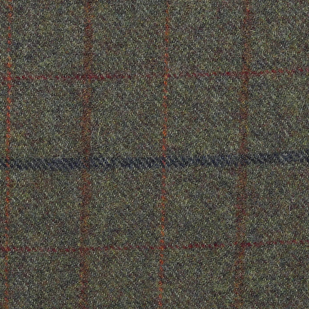 Moss Green with Navy Blue, Brown & Orange Check All Wool Tweed