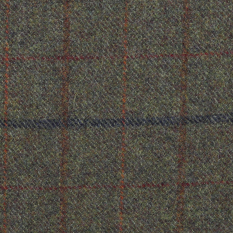 Moss Green with Navy Blue, Brown & Orange Check All Wool Tweed