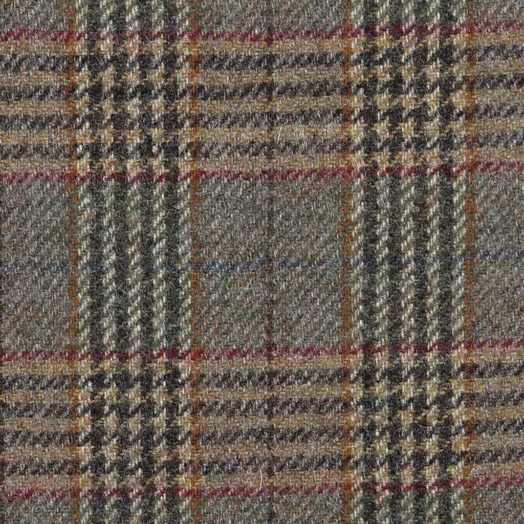 Brown, Dark Brown, Red & Tan Plaid Check All Wool Tweed