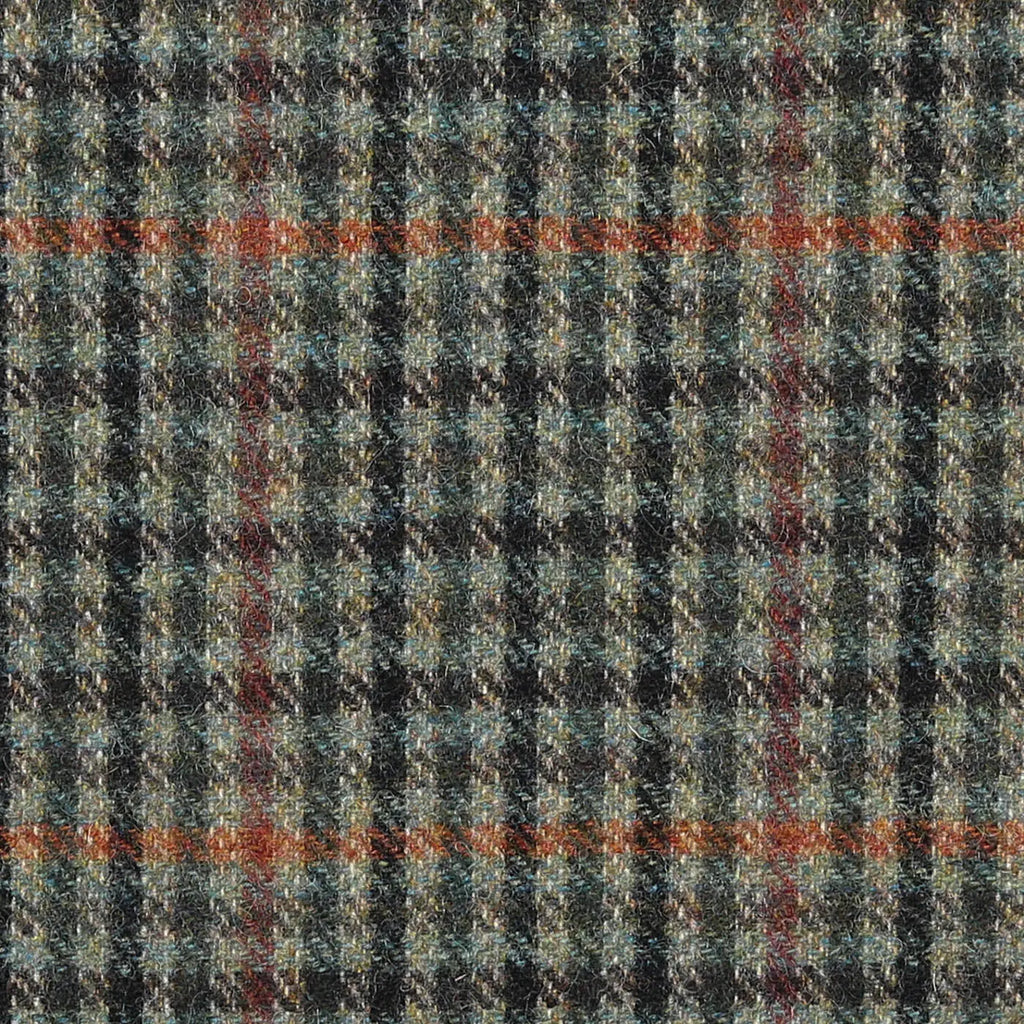 Green, Dark Brown, Tan & Orange Check All Wool Tweed