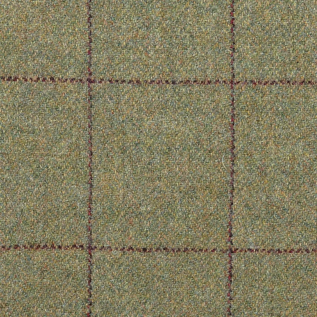 Moss Green Herringbone with Wine Red Check All Wool Tweed