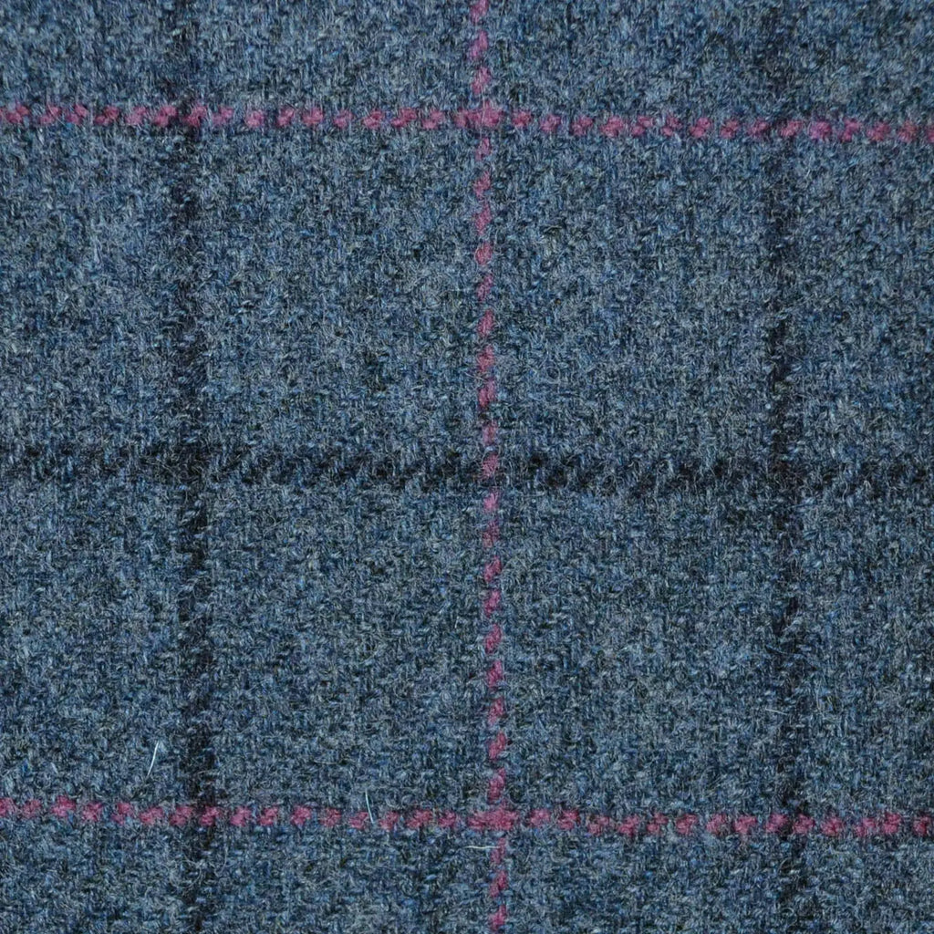 Grey with Navy Blue and Fuschia Check All Wool Tweed