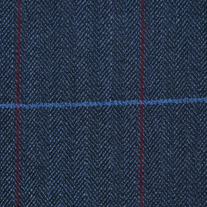 Dark Grey and Black Herringbone with Blue & Red Window Pane Check Merino Jacketing/Suiting