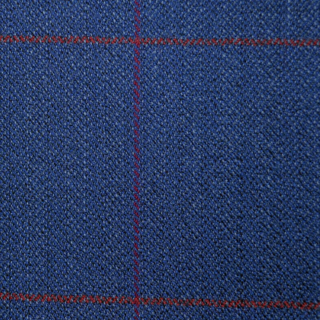 Medium Blue and Grey Herringbone with Orange & Red Window Pane Check Merino Jacketing/Suiting