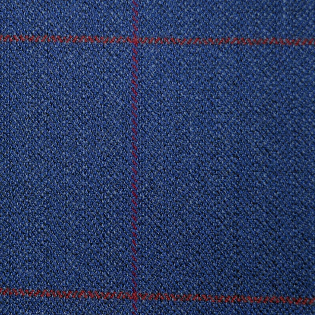 Medium Blue and Grey Herringbone with Orange & Red Window Pane Check Merino Jacketing/Suiting