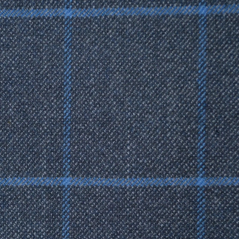 Medium Grey Twill with Light Blue & Royal Window Pane Check Merino, Cotton and Cashmere Jacketing/Suiting