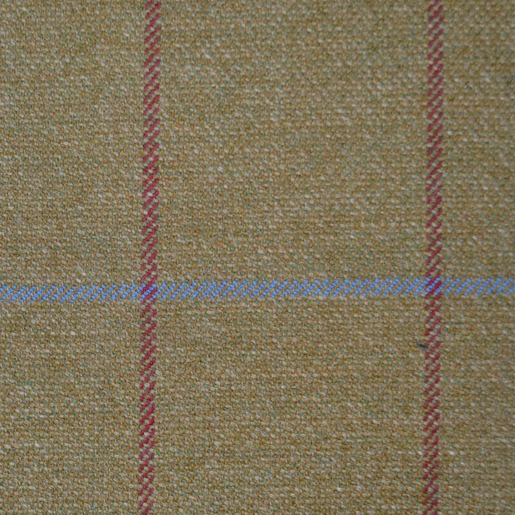 Khaki and Ecru Plain Weave with Burgundy & Powder Blue Window Pane Check Merino, Cotton and Cashmere Jacketing/Suiting
