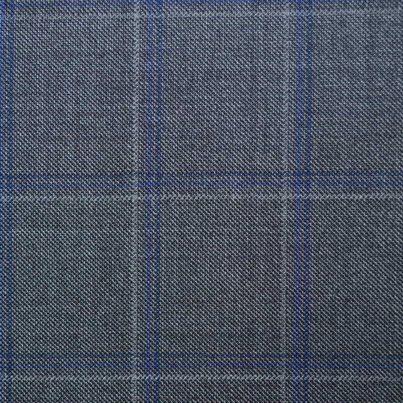 Medium Grey with Blue & Silver Check Super 110's Italian Wool Suiting