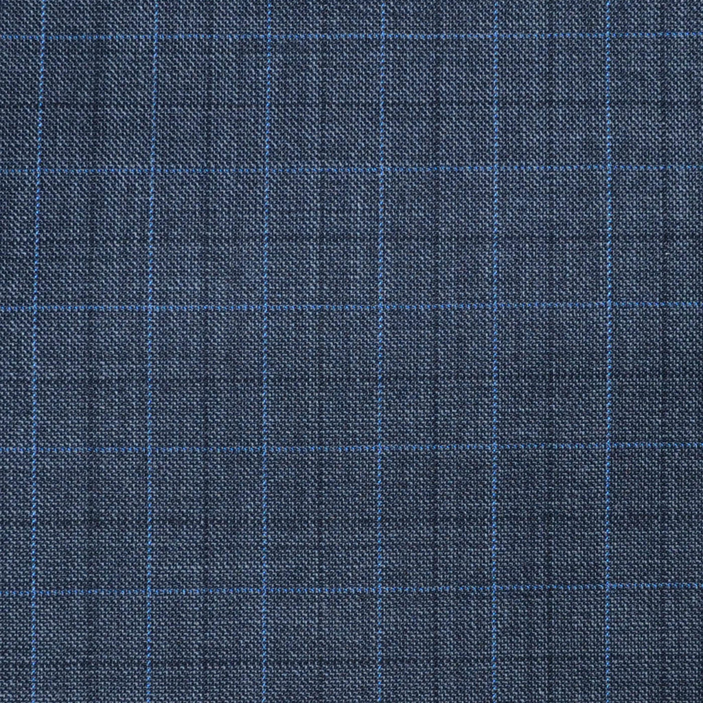 Medium Grey Sharkskin with Navy Blue & Light Blue Multi Check Super 120's All Wool Suiting