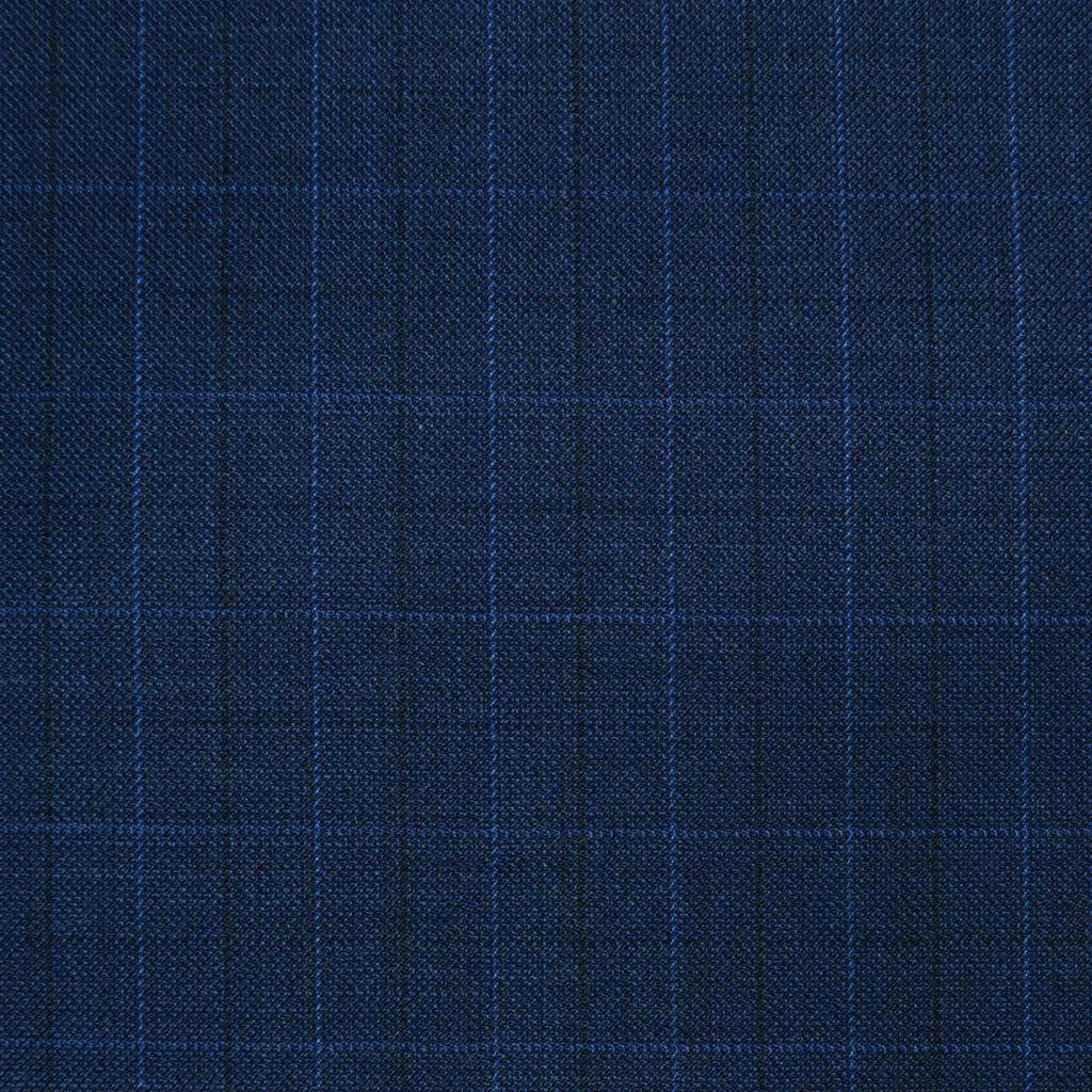 Navy Blue Sharkskin with Navy Blue & Light Blue Multi Check Super 120's All Wool Suiting