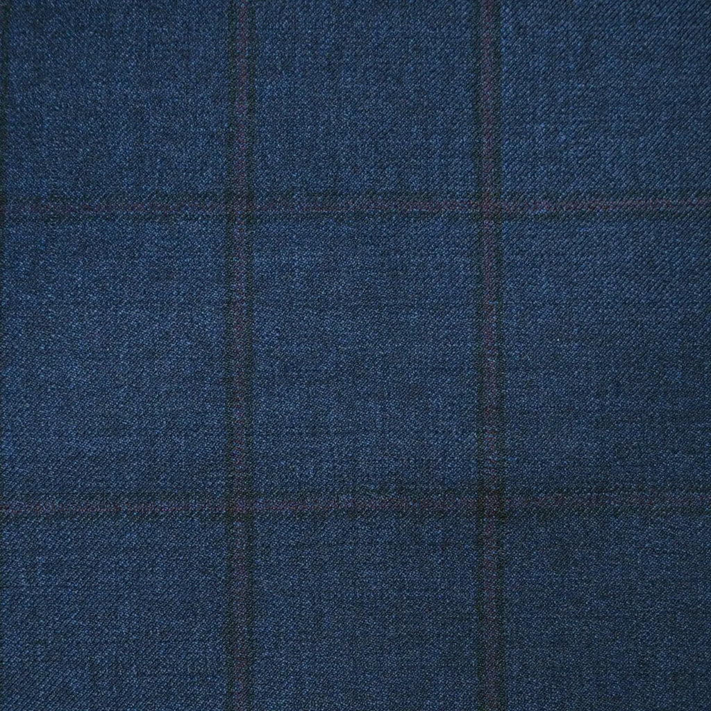 Light Navy Blue with Dark Navy Blue & Red Window Pane Check Super 120's All Wool Suiting
