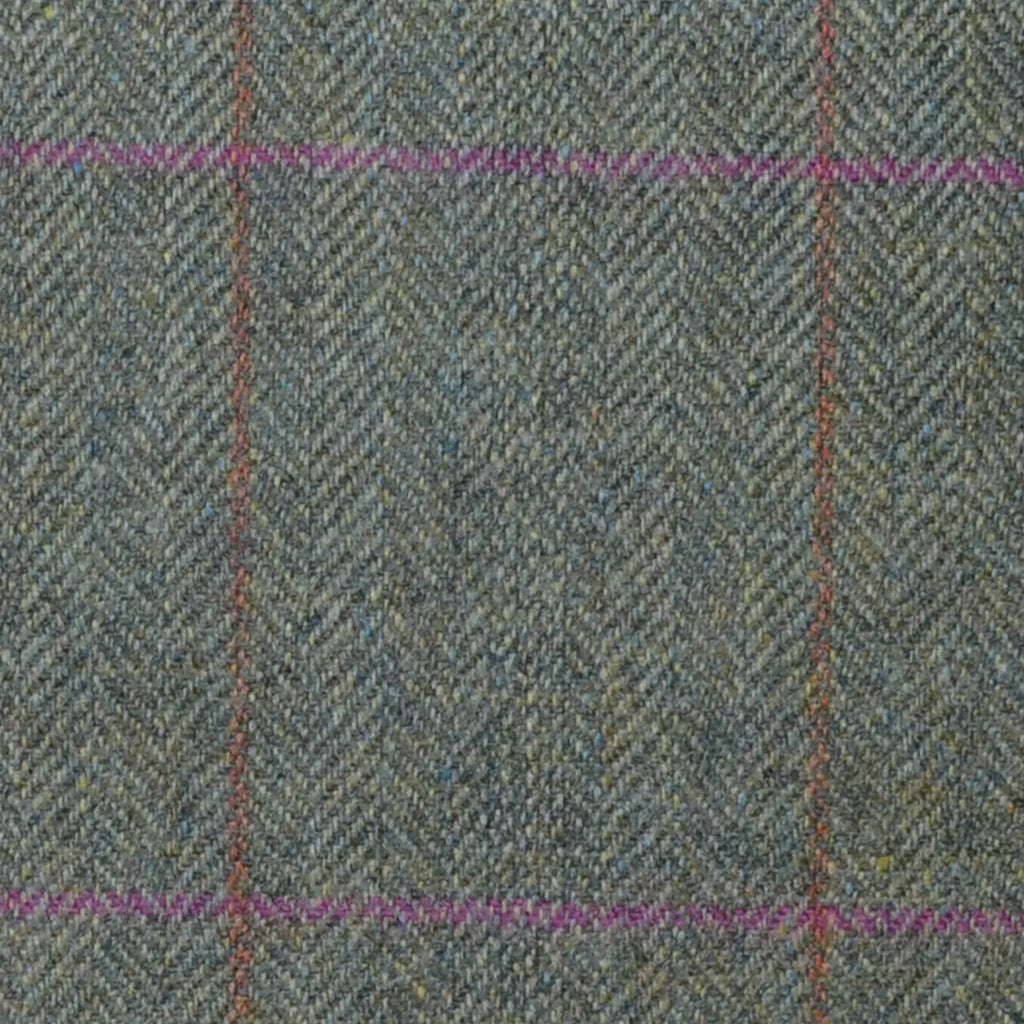 Moss Green Herringbone with Pink and Orange Check Lambswool & Cashmere Jacketing