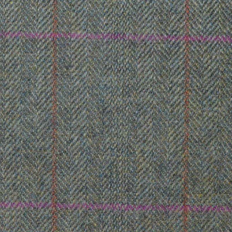 Moss Green Herringbone with Pink and Orange Check Lambswool & Cashmere Jacketing