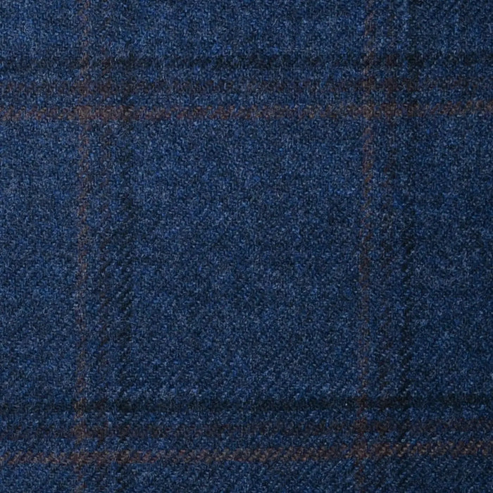 Medium Blue with Navy Blue, Orange and Brown Check Lambswool & Cashmere Jacketing