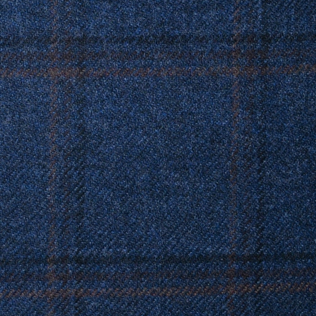 Medium Blue with Navy Blue, Orange and Brown Check Lambswool & Cashmere Jacketing