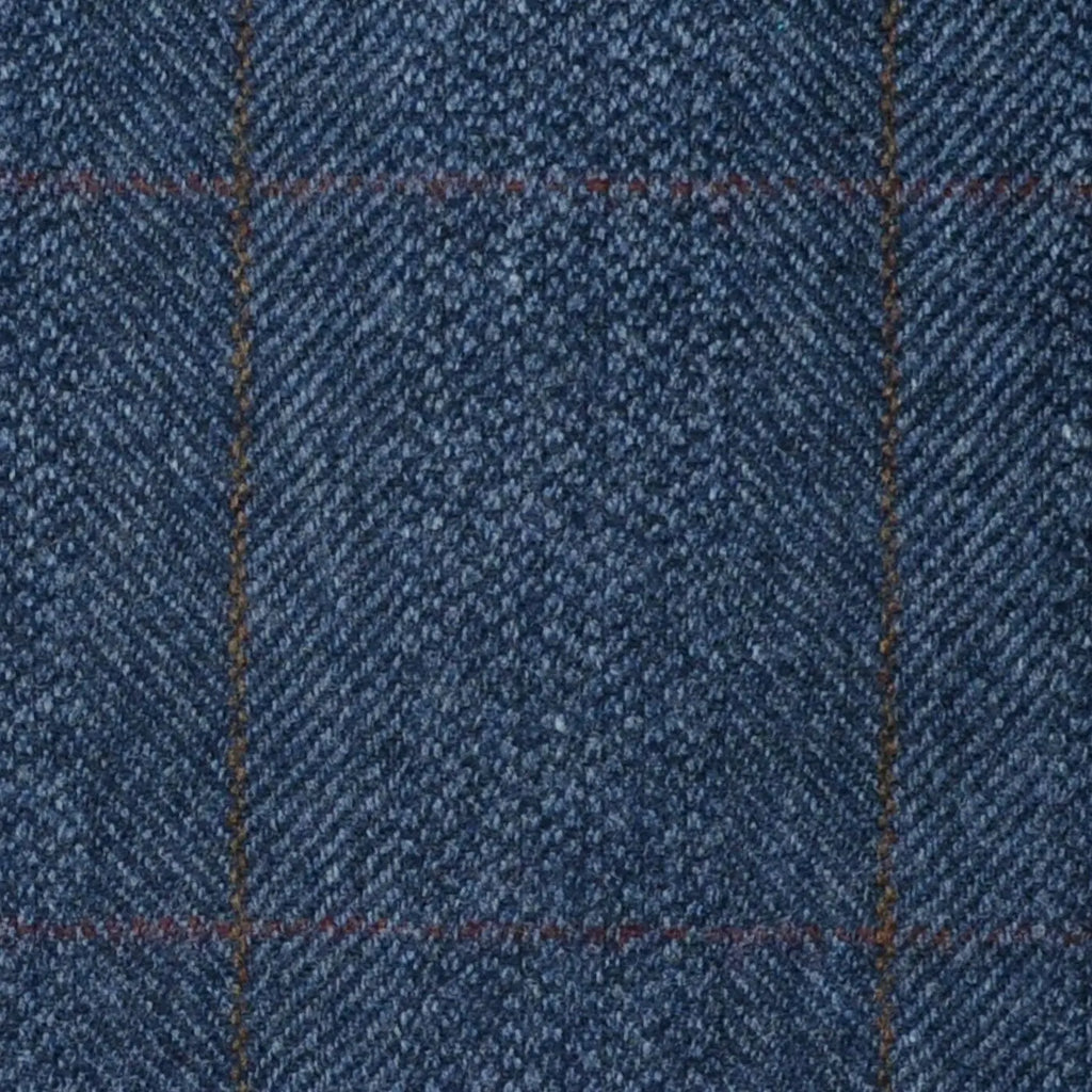 Denim Blue Herringbone with Orange and Brown Check Lambswool & Cashmere Jacketing