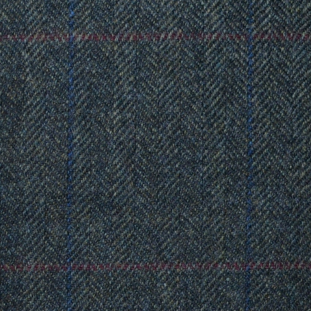 Forest Green Herringbone with Red and Blue Check Lambswool & Cashmere Jacketing