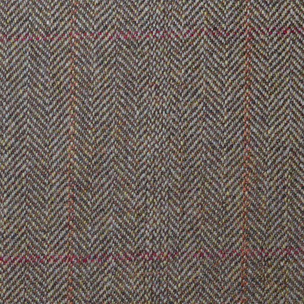 Brown Herringbone with Red and Orange Check Lambswool & Cashmere Jacketing