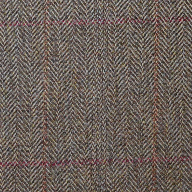 Brown Herringbone with Red and Orange Check Lambswool & Cashmere Jacketing
